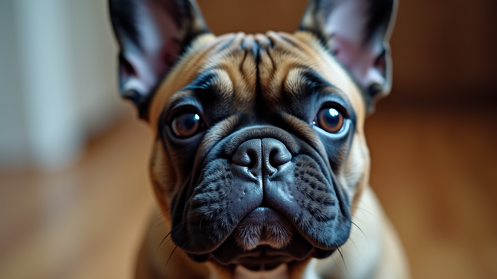 Close-up view of a French Bulldog's face showing its flat nose and expressive eyes