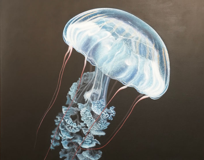 Acrylgemälde „Jellyfish 1“ von SaraS Fine Art by Sara Schneider aus der Ocean-Serie – realistische Malerei über Bewegung, Stille und die Leichtigkeit des Seins