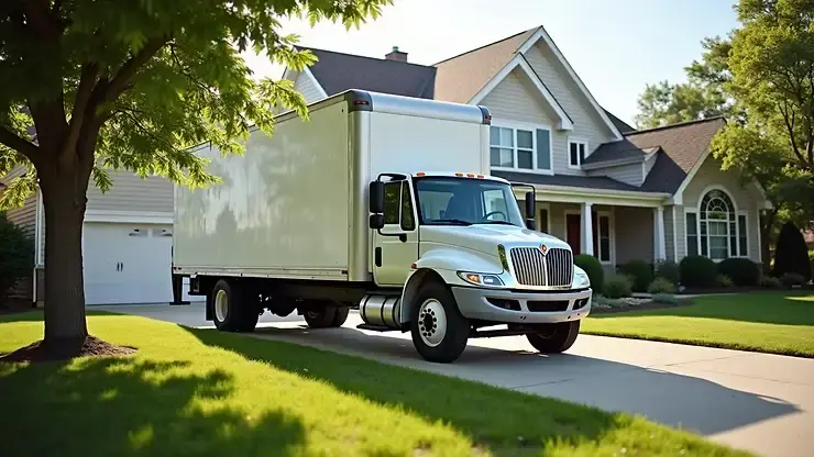 Eye-level view of a rented moving truck parked in front of a house