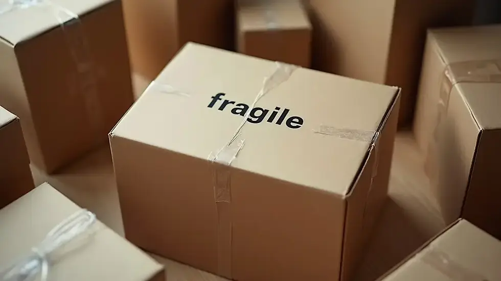 High angle view of a packing box labeled “fragile” surrounded by packing supplies