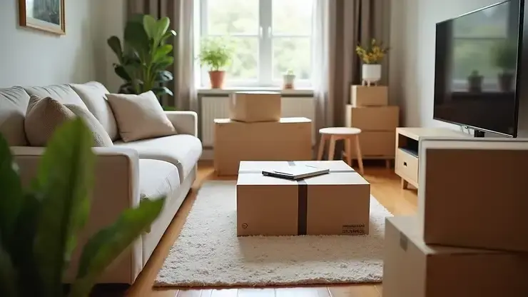 High angle view of packed moving boxes in a living room for house moving compnaies near me, Cookstown