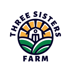 Three sisters farm logo with a barn, green pasture, and a sunrise