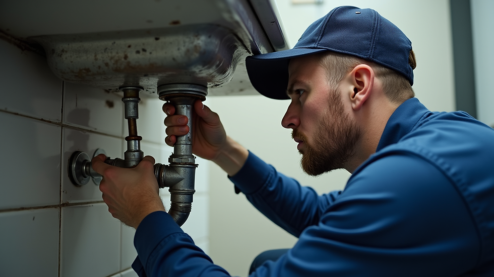 Eye-level view of a plumber fixing a pipe under a sink