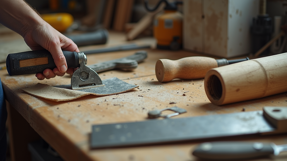 Close-up view of renovation tools and materials on a workbench