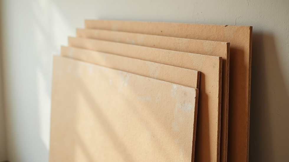 Close-up view of stacked drywall sheets leaning against a wall