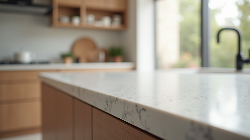 Close-up view of quartz countertop with matte wood cabinets
