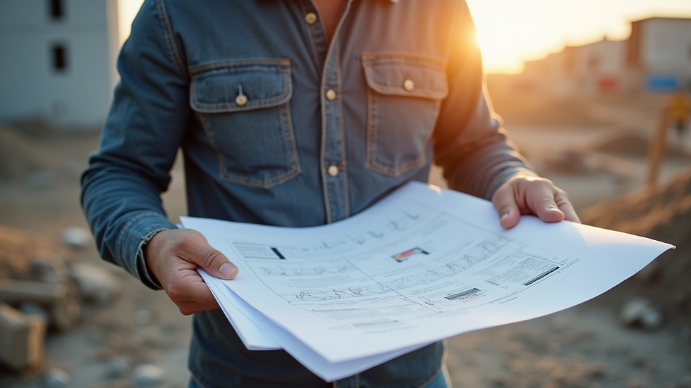 Close-up view of a contractor reviewing blueprints on a construction site