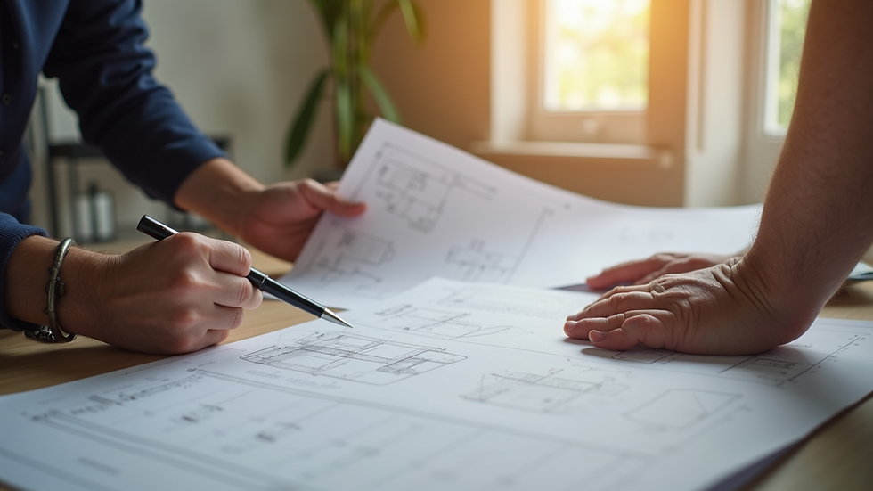 Close-up view of a contractor reviewing home renovation plans with a homeowner
