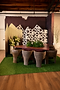 Sculptural wood and patterned backdrop screens with botanical arrangements at To Live & Design 2026.