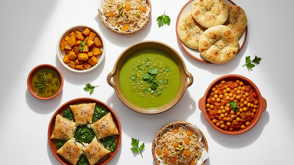 High angle view of a variety of homemade traditional dishes ready to be served