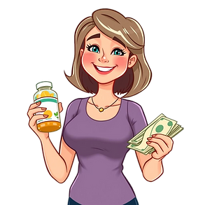 A cartoon middle-aged female figure with a cheerful expression on the upper body, holding