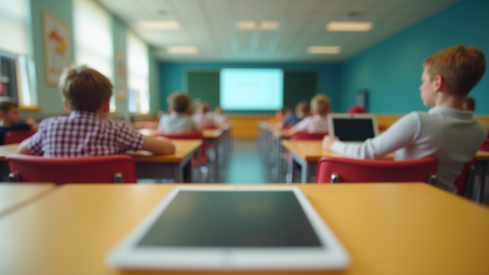 Eye-level view of a colorful classroom with digital tablets on desks