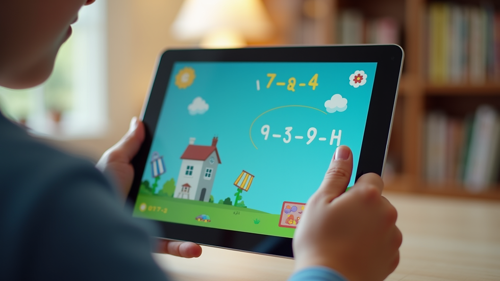 Close-up of a tablet screen showing an educational math game for children