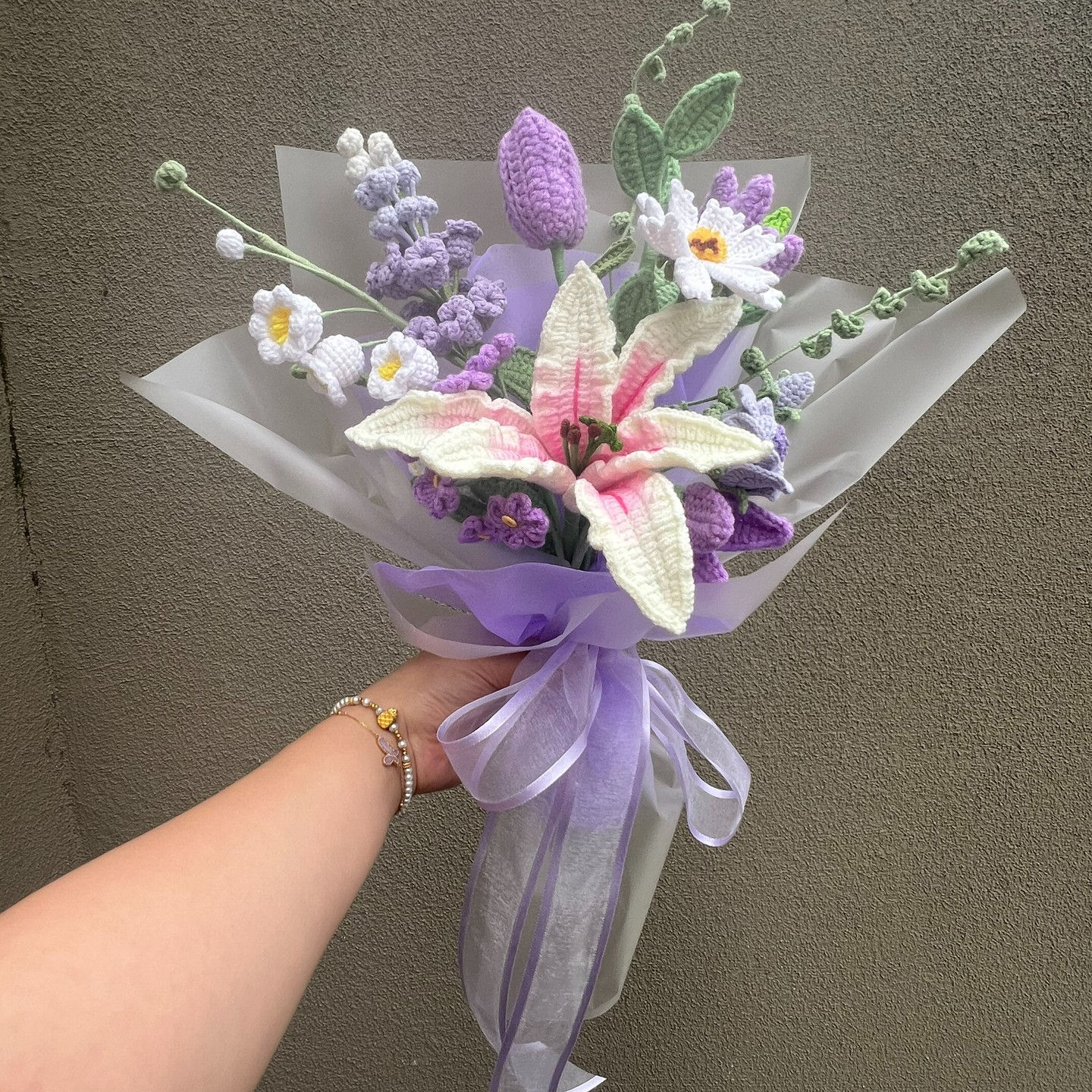 Crocheted Purple and White Flower Bouquet