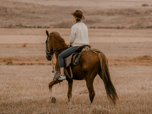 Mulher cavalgando sozinha em um cavalo, em movimento, com postura firme, sugerindo travessia ou jornada. A cena transmite sensação de deslocamento e determinação.