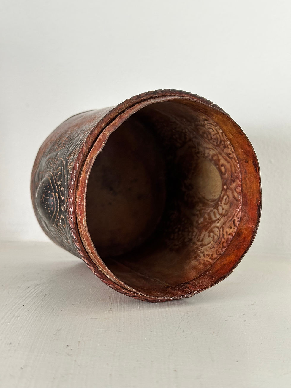 Thumbnail: Antique Victorian English Copper Tobacco Jar, Relief Baroque Decoration, Lidded