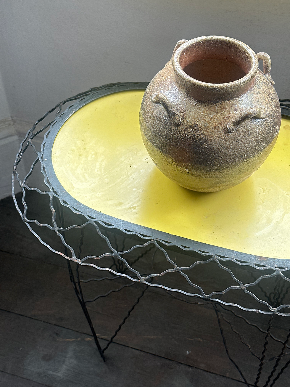 Thumbnail: Vintage Rare French Handmade Delicate Wrought Iron/Sunflower Vinyl Side Table