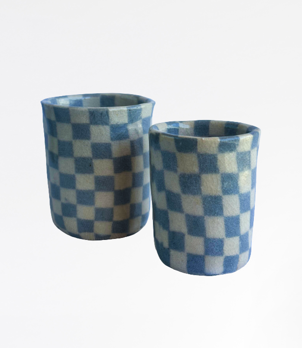 Set of 2 Handmade Checkmate Japanese Mino Ware Pottery Pale Blue/White, Stamped