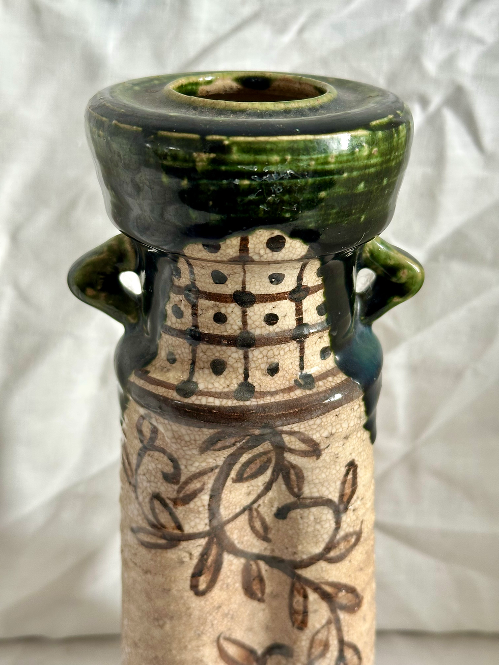 Thumbnail: Vintage Japanese Handmade Oribe ware Fish Ear Cream/Green Glaze Vase, Signed