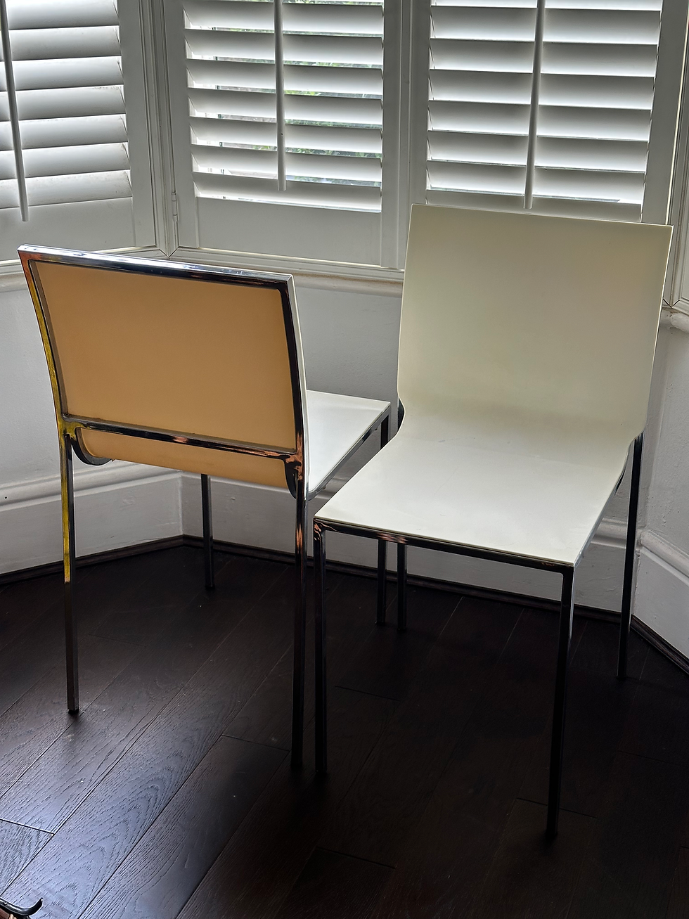 Thumbnail: Pair of Tubular Chrome/White Polypropylene Stacking Chairs by Stefan Schöning
