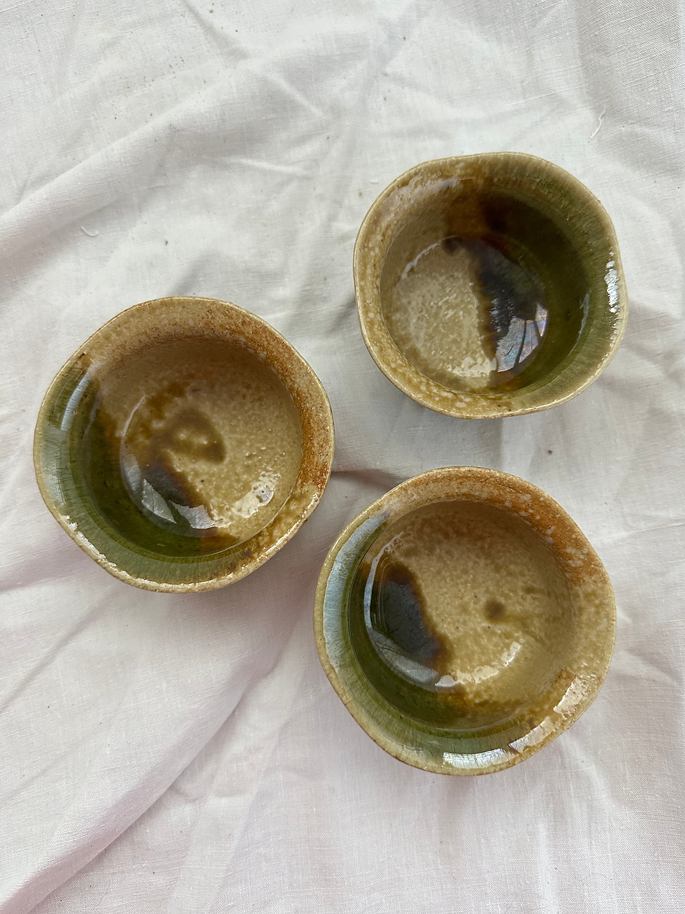 Thumbnail: Set of 3 Vintage Japanese Lip Neutral/Green Glaze Studio Made Ceramic Tea Bowls