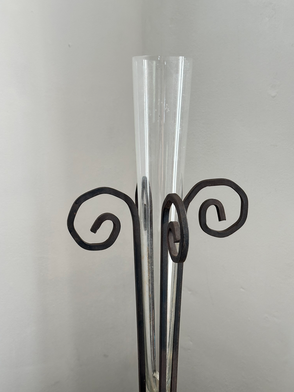 Thumbnail: Vintage European Hand Forged Wrought Iron Soliflore Vases/Trumpet Glass Insert