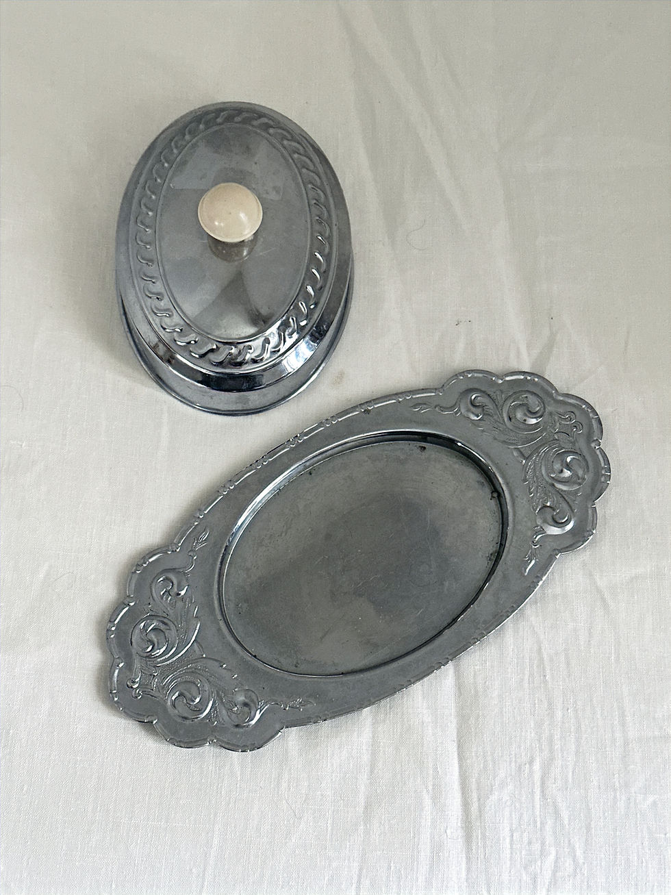 Thumbnail: Vintage Stainless Steel Mayell Lidded Butter Dish/ White Ball Handle
