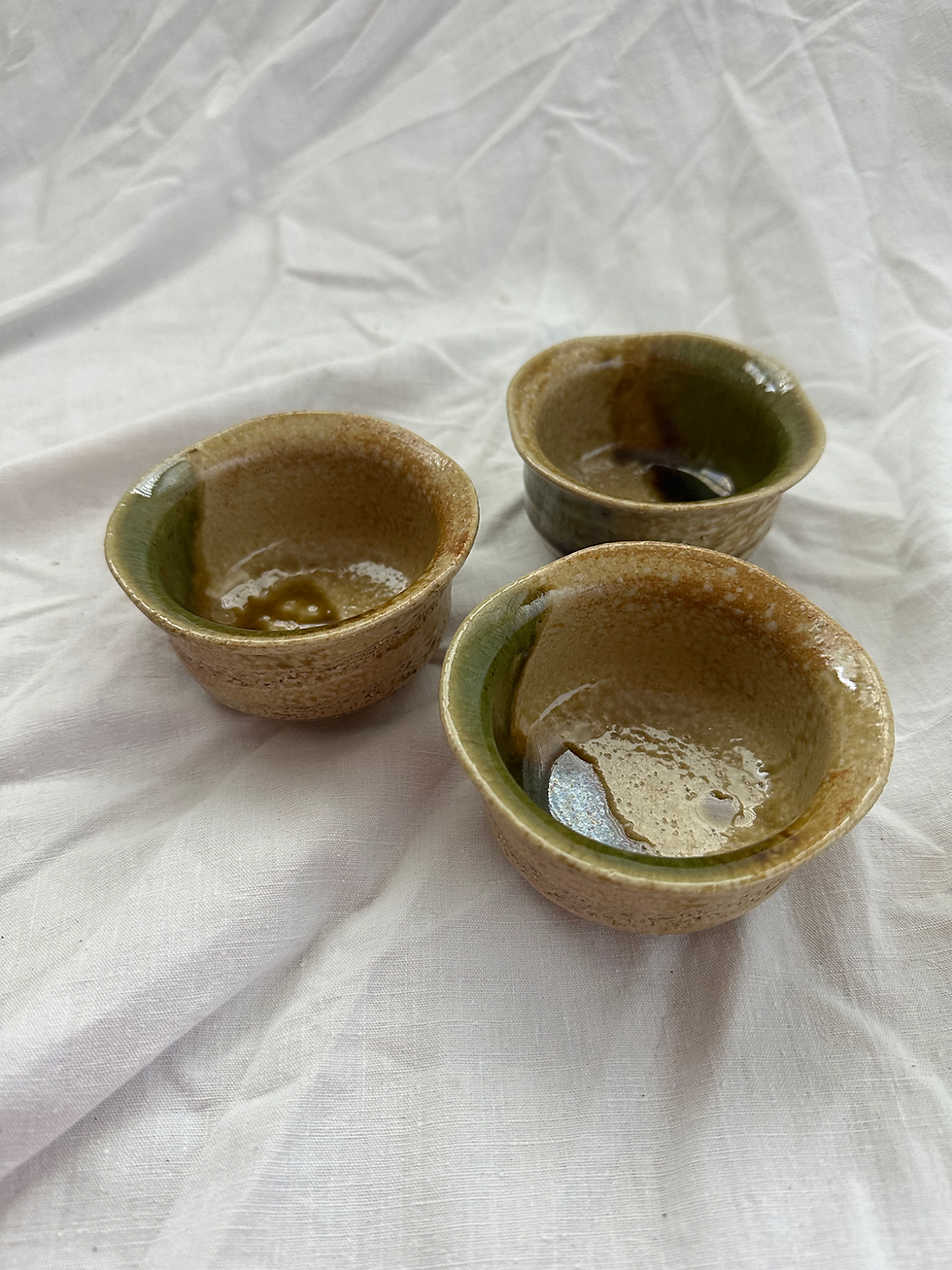 Thumbnail: Set of 3 Vintage Japanese Lip Neutral/Green Glaze Studio Made Ceramic Tea Bowls