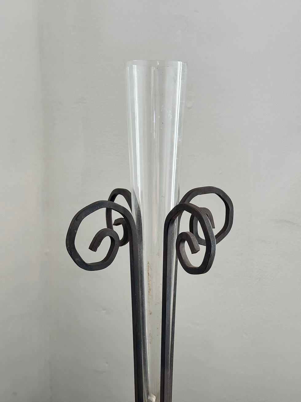 Thumbnail: Vintage European Hand Forged Wrought Iron Soliflore Vases/Trumpet Glass Insert