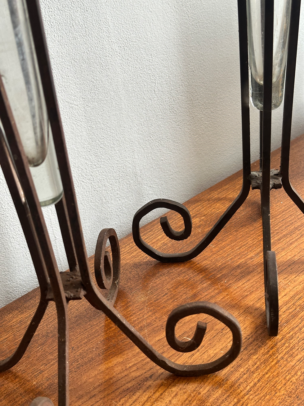 Thumbnail: Vintage European Hand Forged Wrought Iron Soliflore Vases/Trumpet Glass Insert