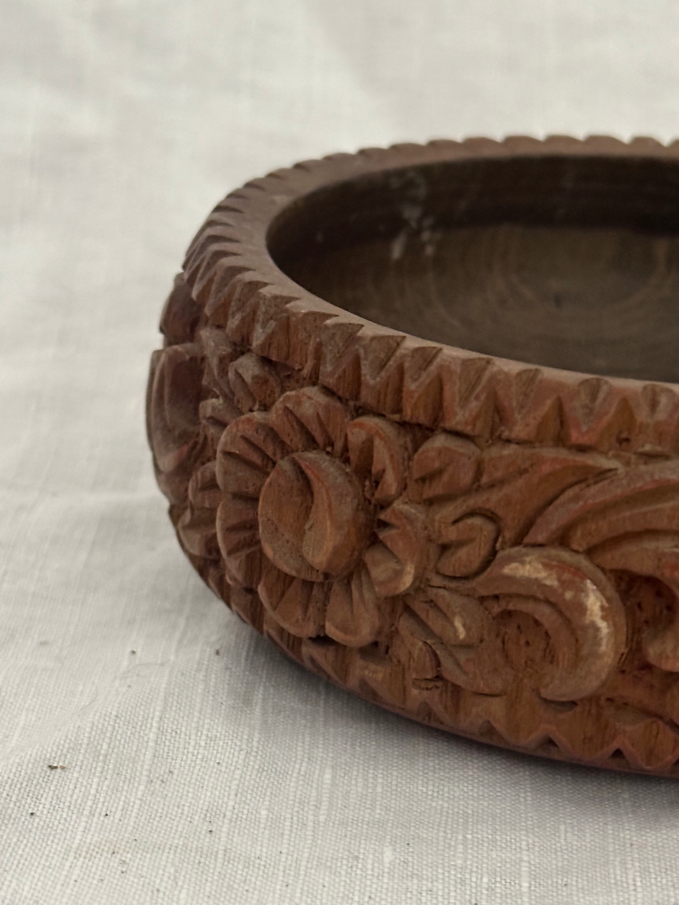 Thumbnail: Vintage Small Solid Teak Wood Hand Carved North African Trinket Bowl
