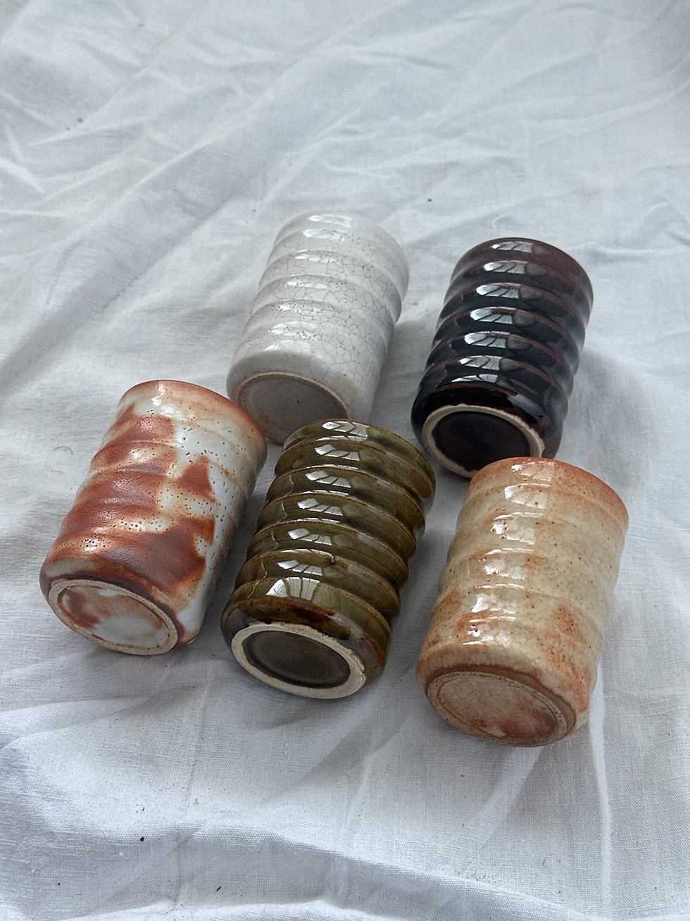 Thumbnail: Japanese Ridged Ceramic Cylindrical Ochoko/Sake Cup - Rust