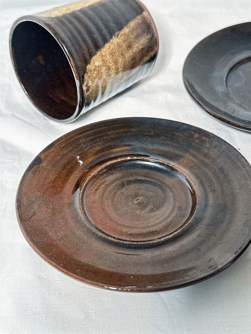 Thumbnail: Pair of Vintage 1970s Studio Pottery Handmade Brown Glaze Coffee Cup/Saucer