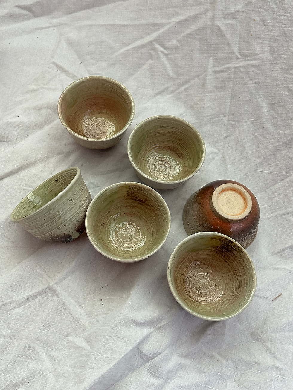 Thumbnail: Set of 6 Handcrafted Japanese Sage Green/Brown Ribbed Tea Bowls (Chawan)