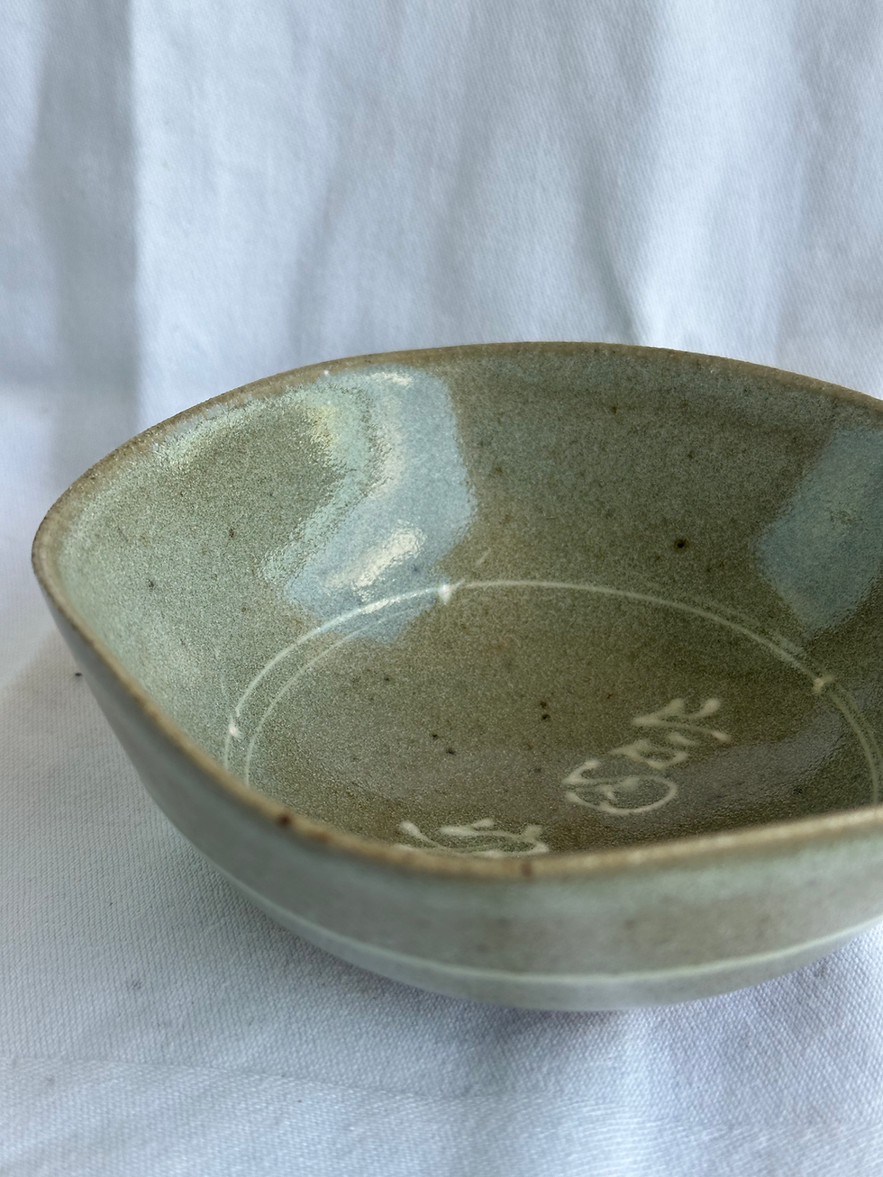 Thumbnail: Handmade Japanese Tea Ceremony Chawan, Sage Green Glaze/White Detail, Signed
