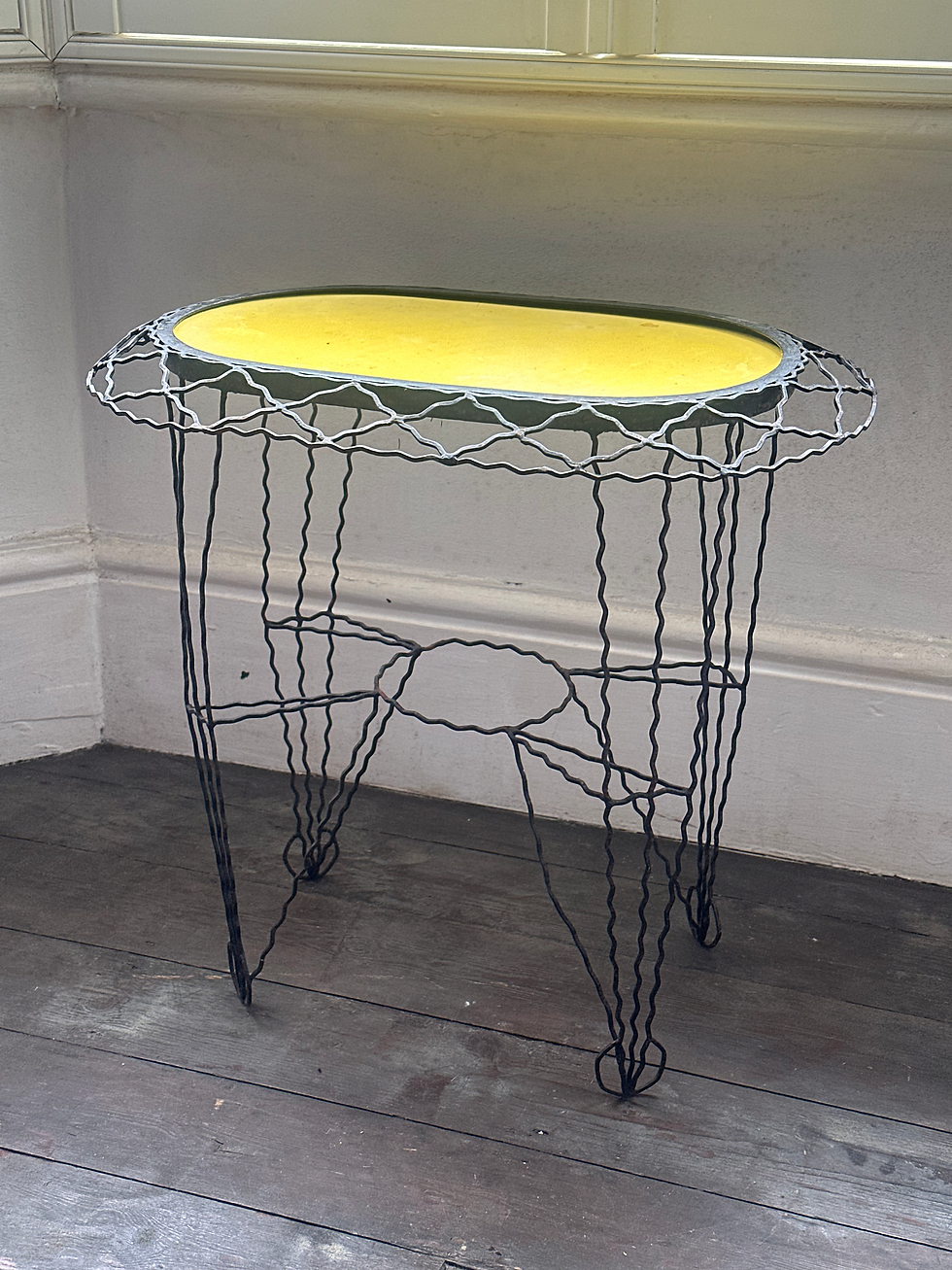 Thumbnail: Vintage Rare French Handmade Delicate Wrought Iron/Sunflower Vinyl Side Table