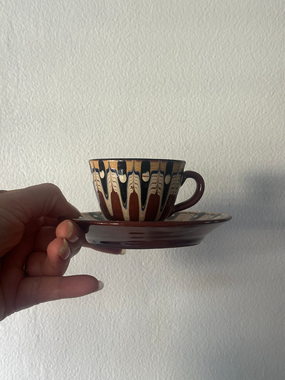 Thumbnail: Vintage 1970s Bulgarian Troyan Pottery 'Peacock Eye' Espresso Cup & Saucer