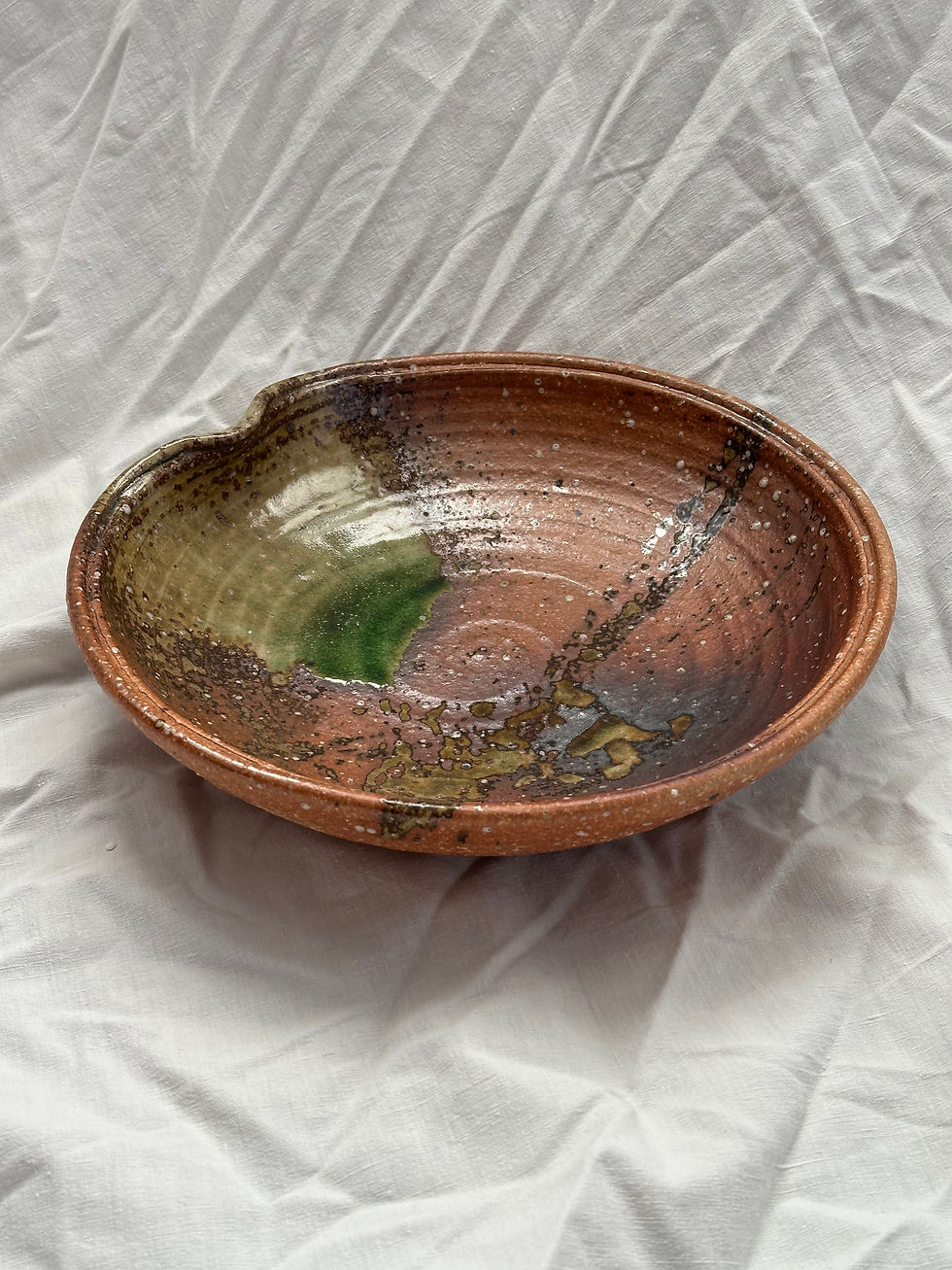 Thumbnail: Vintage Japanese Raku Ware Medium Hand Moulded Rust Earthenware Bowl/Green Glaze