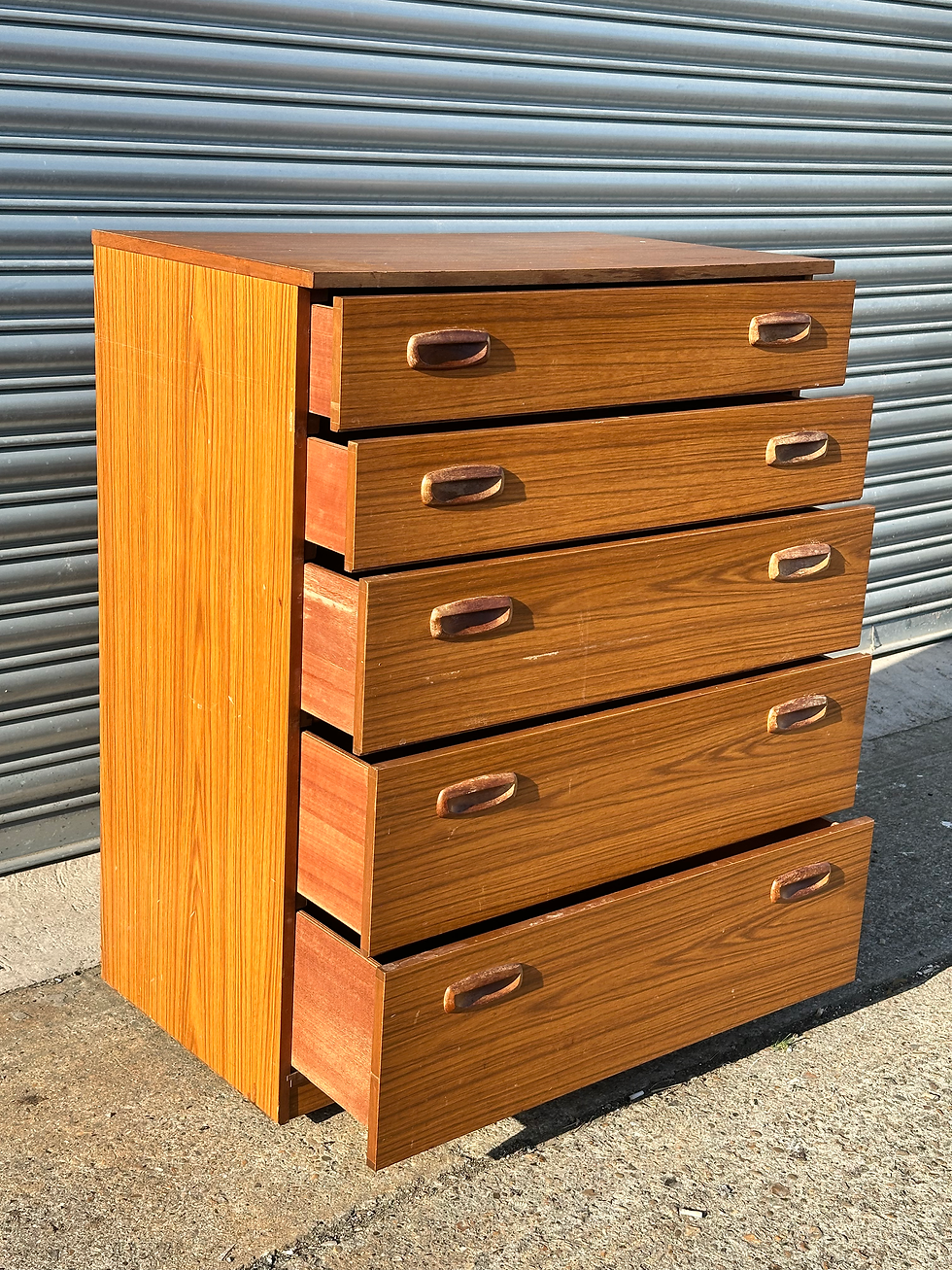 Thumbnail: Vintage Mid-Century 1960s Schreiber Teak Tallboy Chest Of 5 Drawers