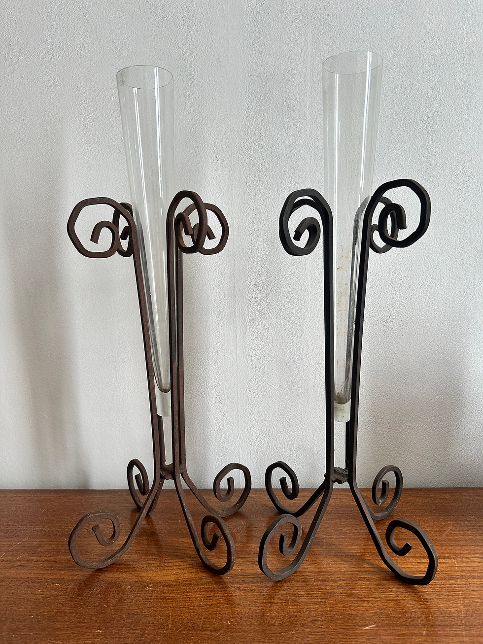 Thumbnail: Vintage European Hand Forged Wrought Iron Soliflore Vases/Trumpet Glass Insert