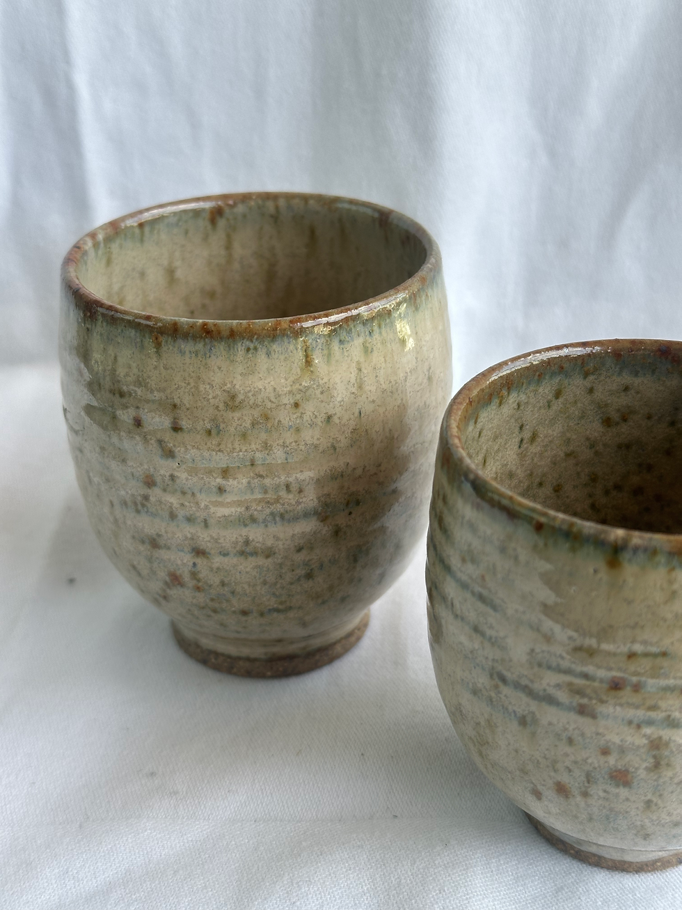 Thumbnail: Irregular Duo Vintage Handmade Motoyasu Hirayama Tea Cups, Green Ribbed Glaze