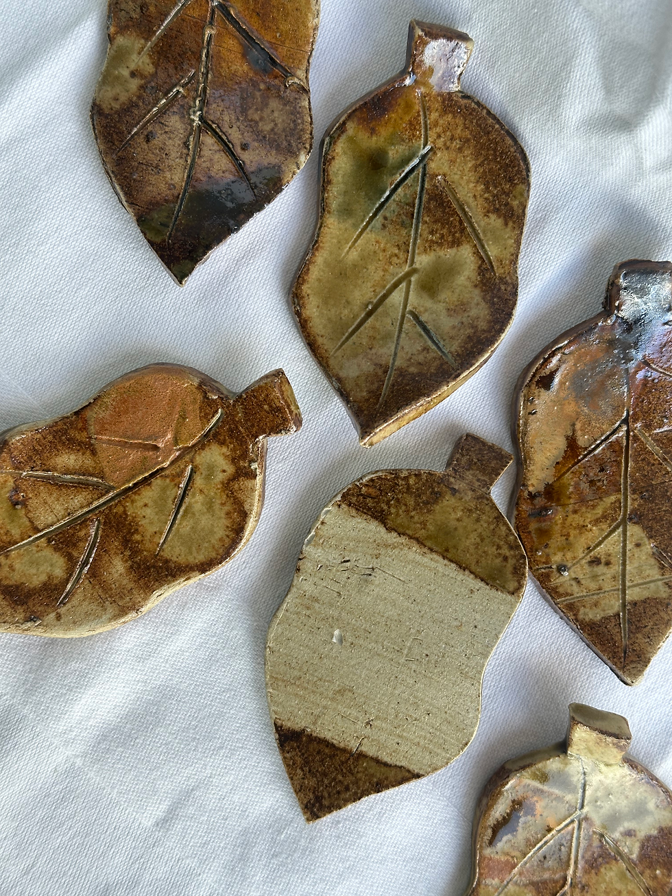Thumbnail: Set of 6 Handmade Japanese Khaki Glazed Leaf Spoon/Chopstick Rests