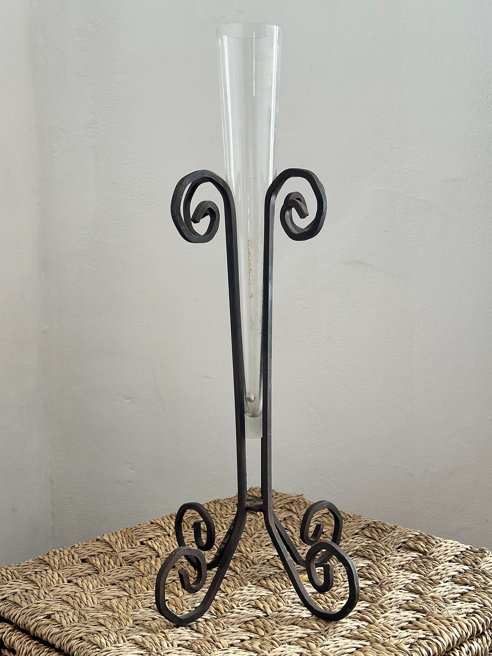Thumbnail: Vintage European Hand Forged Wrought Iron Soliflore Vases/Trumpet Glass Insert