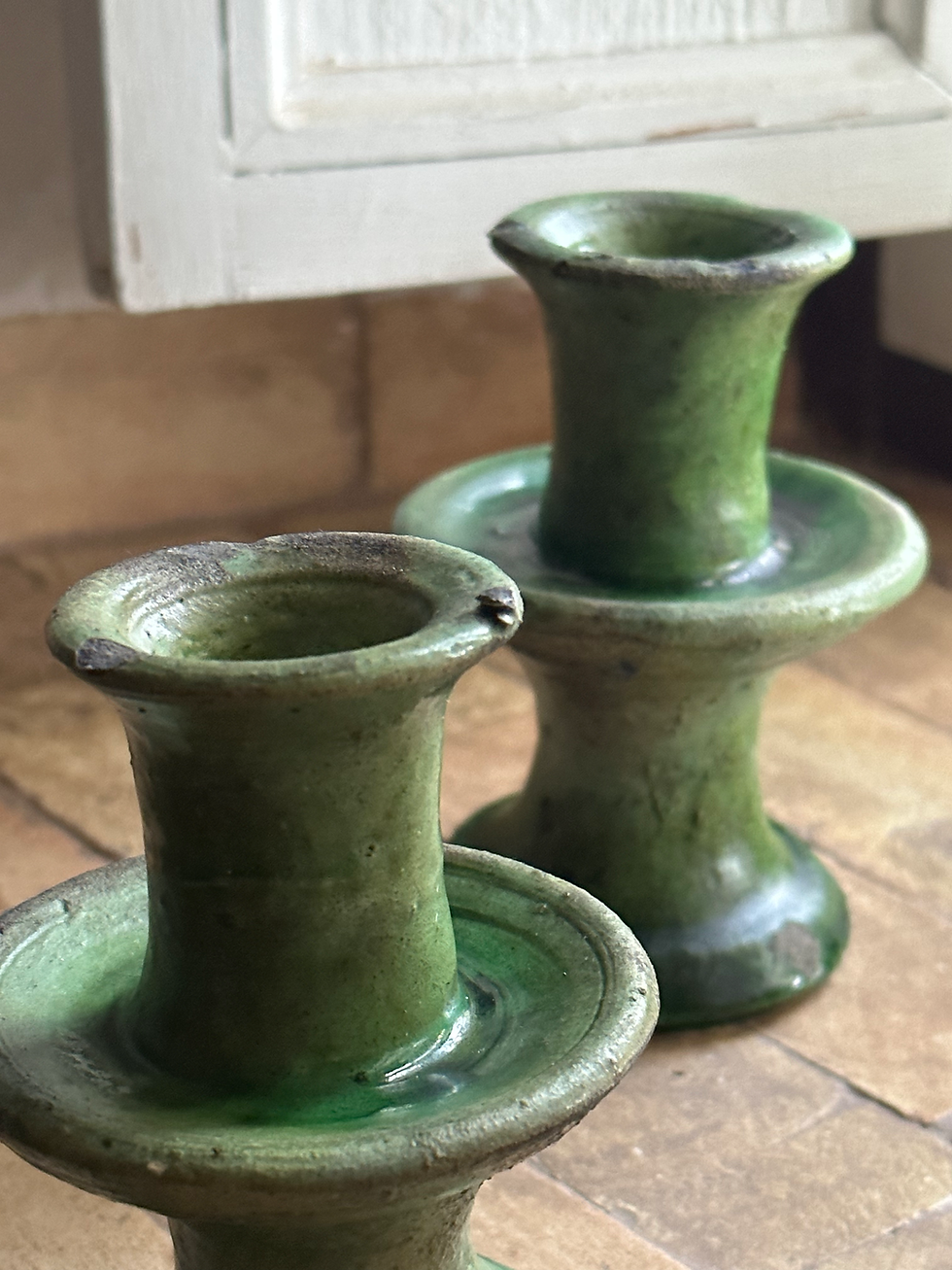 Thumbnail: Pair of Vintage Handmade Moroccan Tamegroute Green Candle Holders