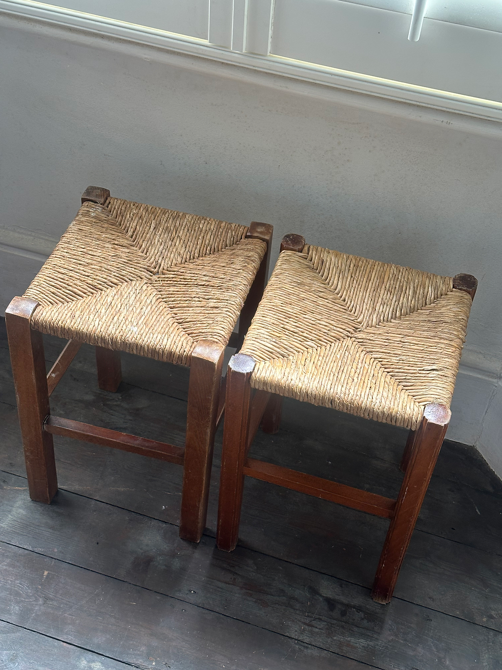 Thumbnail: X2 Vintage French Rush Seat/Wooden Frame Stools