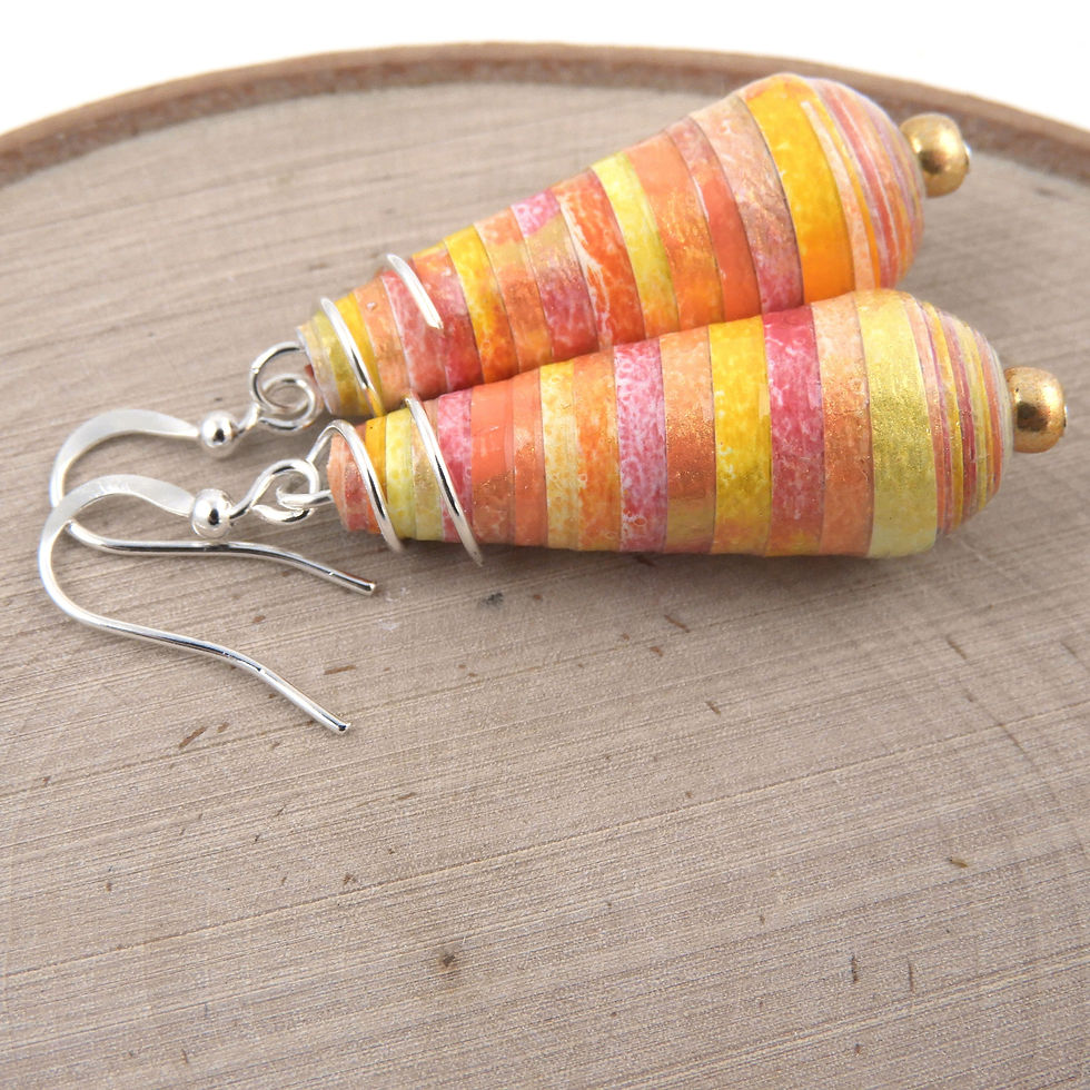 Thumbnail: Pink, orange, and yellow paper bead earrings laying on a wood background.