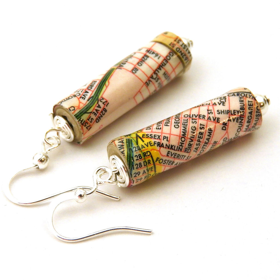 Thumbnail: Upcycled Queens, NY map earrings on a white background.