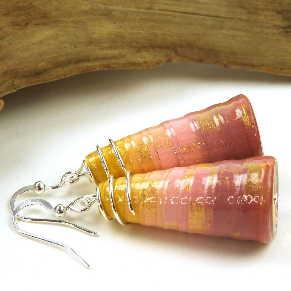 Thumbnail: Yellow, pink, and mauve ombre paper bead earrings on a white background.