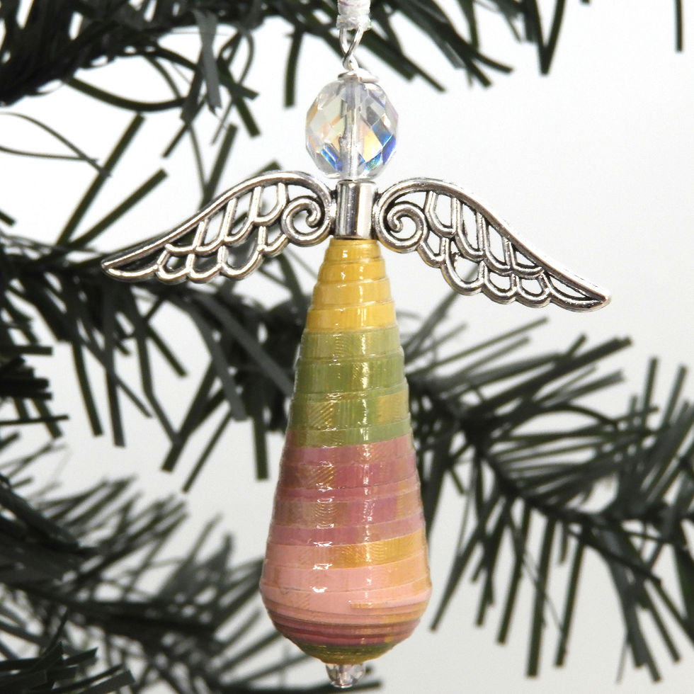 Thumbnail: Yellow, green, purple, and pink paper bead angel ornament hanging from a Christmas tree.