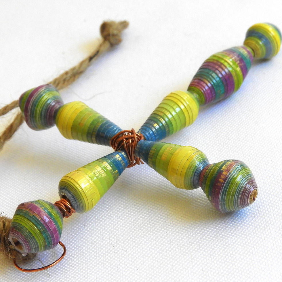 Thumbnail: Blue, green, and yellow ombre paper bead cross ornament on a white background.